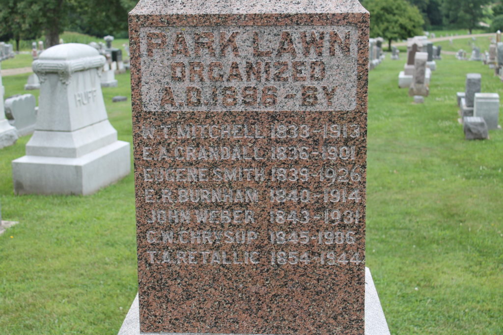 Monument dedicated to the founders of Park Lawn Cemetery in Barry, Pike County, Illinois.